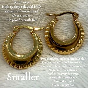 18k Gold Earrings, Smaller, Waterproof Jewelry, Tarnish free, Hypoallergenic